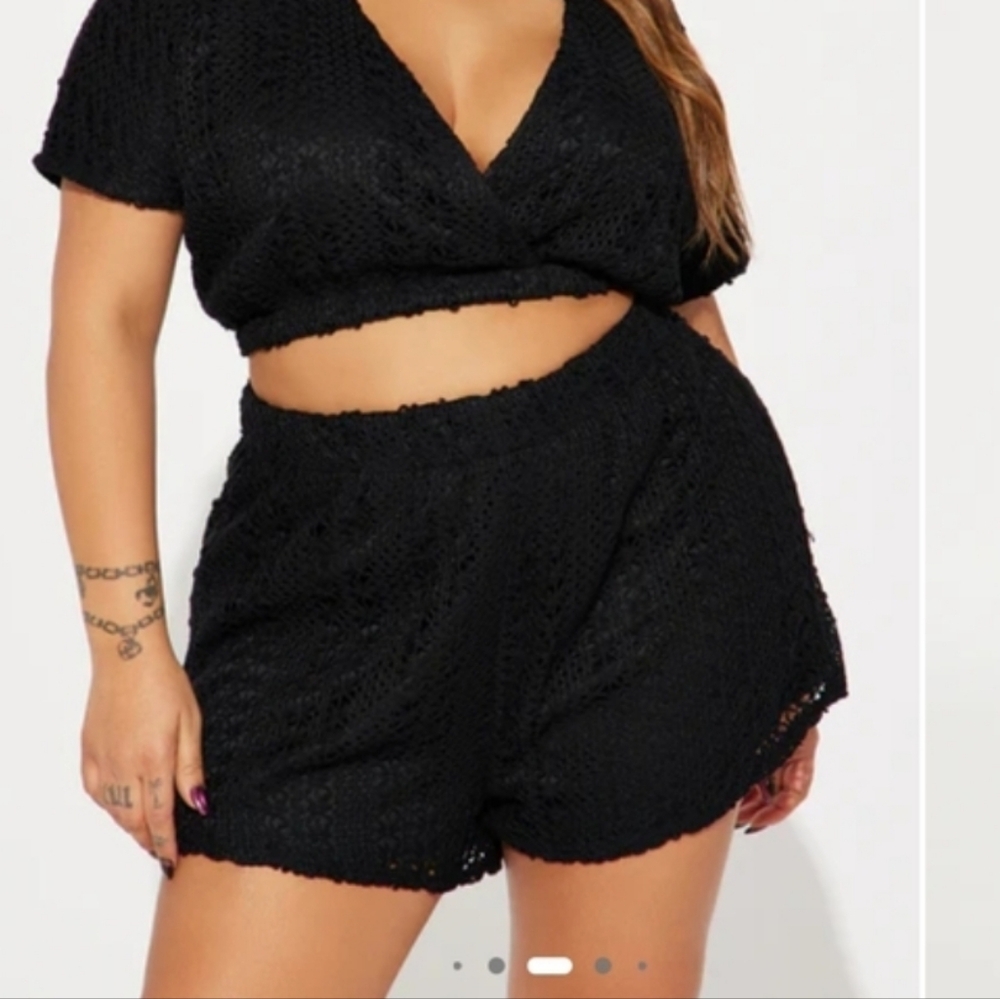🆕2PC Black Crochet Crop Top w Matching Short Set Sz 1X